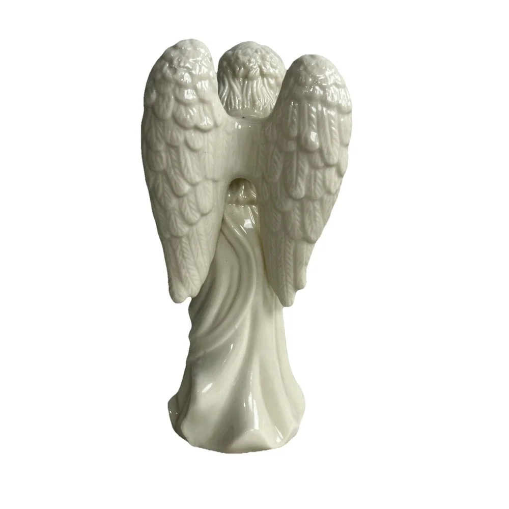 Vintage Angel Horn‎ Cherub White Gold Trim Porcelain Christmas Figurine 8.5